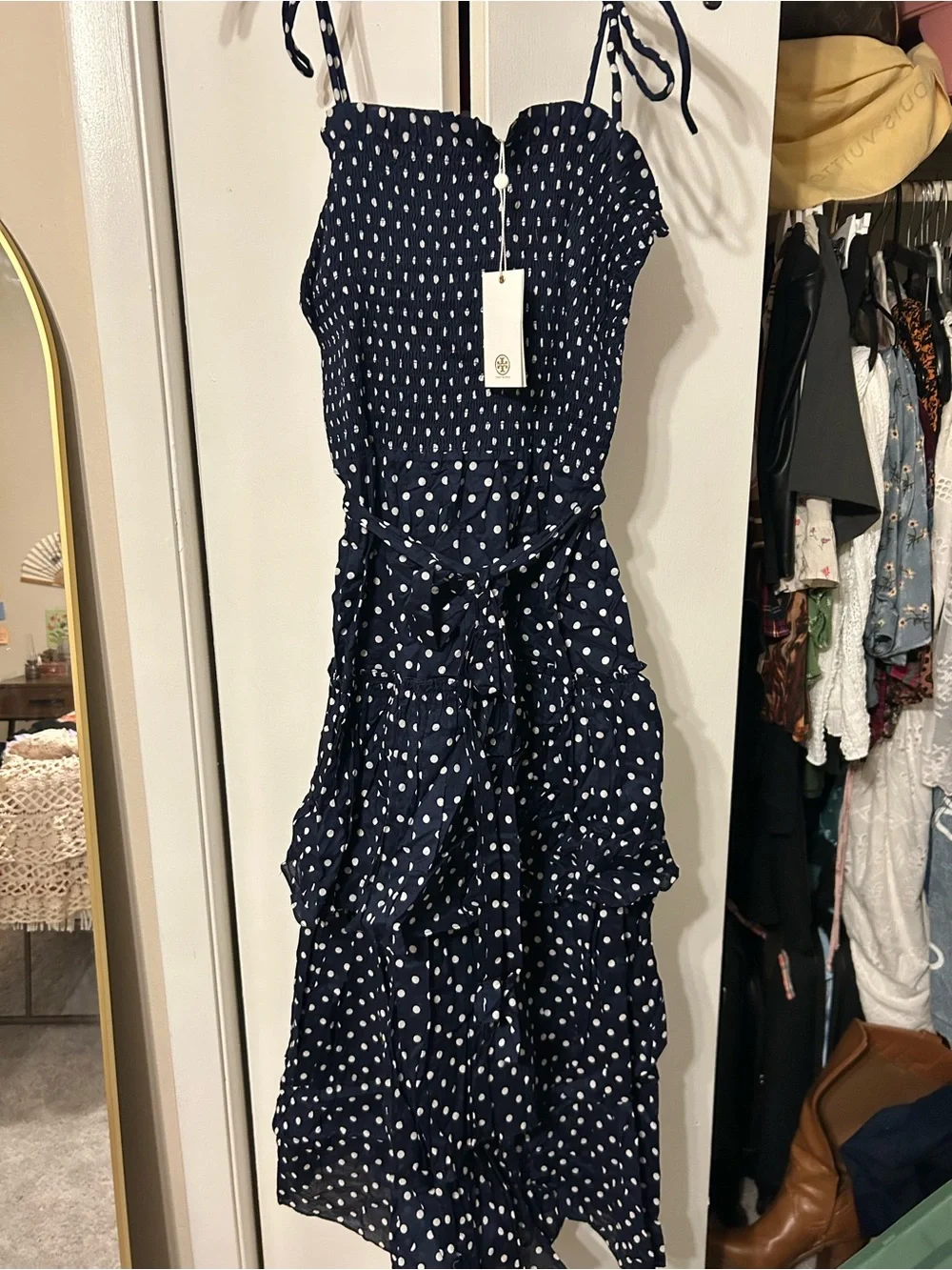 Tory Burch Navy White Polka Dot Tiered Maxi Dress